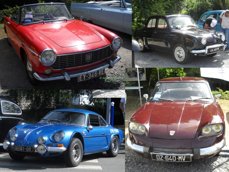 Mix (1)
I had to put several brands together, like there were only 1 car each time.
The top at your left is a Fiat.
Top right is a Dauphine.
Bottom left is an Alpine.
Bottom right is a Panhard & Levassor, a brand I didn't know until then. It existed from the end of XIXth century until almost the end of the 1960's.
