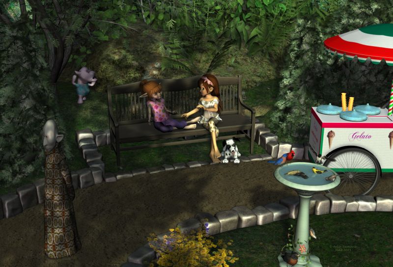 Morning in the park
With the season becoming warmer, Amity and Sadie like to meet each other in one of the parks in town.

********
Amity, by DragonFly (RMP)
Super cute II, by Atenais
Sadie Fae, by DragonFly (RMP)
SadieBug, by DivabugDesigns (RR)
Dawg, by Mostdigitalcreations
Gruggle Monk, by 3D Universe
Christmas textures for Gruggle Monk, by Aelin
Kramp, by Nursoda
Ice cream tricycle, by Papus3d
Songbird ReMix Bird Bath, by Ken _Gilliland (RMP)
3D Scenery: Hedge Garden by ShaaraMuse3D (RMP)

I added my own textures on Amity (skin, eyes, hair)
Sadie's pose is mine; Amity's partially
