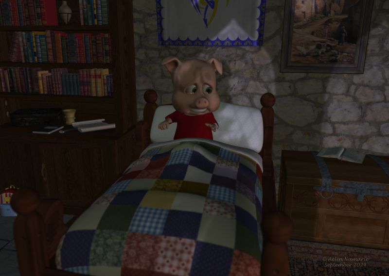 From nightmare
Piglet Wilbur Rosso wakes up from that terrible nightmare. Will he do again a big mistake, like last year?

To see what happened last year: https://www.thefantasiesattic.net/attic/cpg/displayimage.php?pid=44321
Otherwise, previous scene this year: https://www.thefantasiesattic.net/attic/cpg/displayimage.php?pid=45443

********
Pocket Pets bundle, by 3Duniverse (Daz3d)
Sweet Dreams, by Mada (on her site)
Little Corner: Antique Shop, by Aelin (FRM exclusively)
Home Library, by Richabri (RMP)
Books, by Seachnasaigh (Sharecg)
Castle Corridor Construction Kit, by 3-D-C (RMP)
