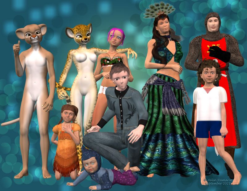 Old generation
Made concerning a talk on PFDlives. All of them were taken on the same render.
Micah, Melody and MillBaby joined the family last year. Matt and Maddie arrived more than 2 years ago. The others are with me since May 2012, the moment where I dived in 3D world.

********
Melody and Micah Bundle, by RedSpark & Lady Littlefox (Daz3d)
Maddie Indian Dress, by FaerieDreams
ElvenBaby Cloth for MilBaby, by Karth (Daz3d)
Buttercup, by BrokenWings (Sharecg) [morphs]
NeoRockabilly for H3, by elleque
Marzipan Combo, by Mada
Sugar for A3 - outfit bundle, by Lady LittleFox (Daz3d) [shorts]
Daisy morphs for A3 [was on Morphography's site]
Oni Hair A3, by lelu (Sharecg)
Tru Ceremonial, by Ryverthorn (Daz3d)
Firedancer for V3, by Lady LittleFox (Daz3d)
April Siren hair, by AprilYSH
Emerald Dragon Rumiko for V3, by FyreSpiryt
Matt & Maddie Ahoy! (Daz3d)
M3 Normans outfit, by lourdes (Sharecg)   [textures by Kethaera, on Sharecg]
Kynan M3, by antjesgraphics
Stuart for M3, by elleque [skin]
