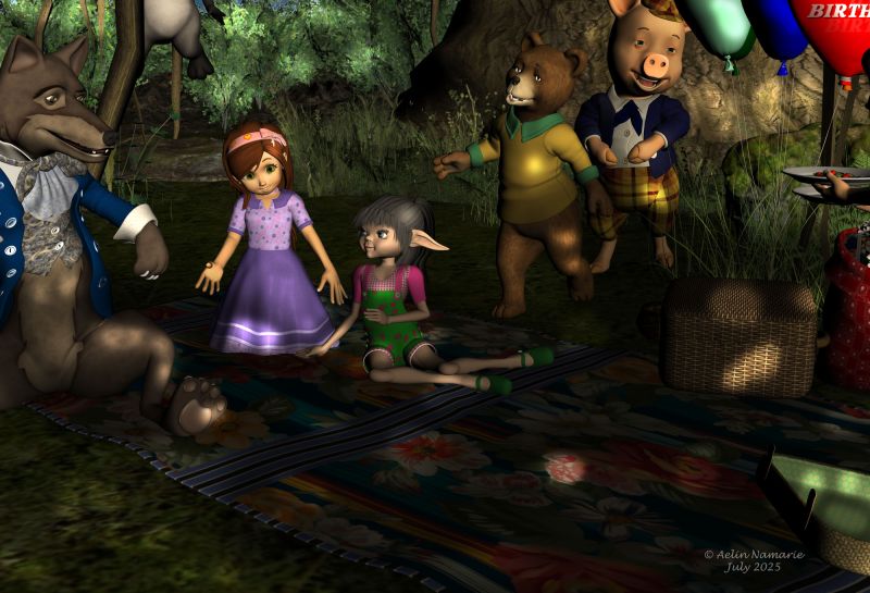 Picnic by the tree (end)
Picnic can finally begin!

********
Big Bad Wolf, by 3Duniverse (Daz3d)
Toon Girl Sadie, by 3Duniverse (Daz3d)
Pocket Pets bundle, by 3Duniverse (Daz3d)
Amity, by DragonFly (RMP)
Amitys Closet-4, by DragonFly (RMP)
The 3 Bears, by 3Duniverse (Daz3d)
The 3 Little Pigs, by 3Duniverse (Daz3d)
EVERYPlant Banyan Tree for Poser, by EVERYPlant (RMP)
Modular 3D Kits: Farmers Fields, by ShaaraMuse3D (RMP)
