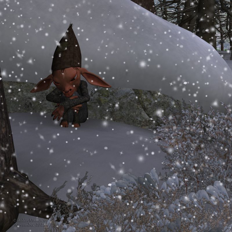 Puntik in troubles (2)
Puntik has find a series of rocks, protecting him partially from the wind. But he still feels cold.
Suddenly, despite the wind, he hears a noise not from the forest.

Previous scene: https://www.thefantasiesattic.net/attic/cpg/displayimage.php?pid=46490

********
Puntik Kaalkopje, by Nursoda (RMP)
Puntik warm Winter Set, by Leilana (RR)
Ron's Atmospheric Bundle, by deviney (Daz3d)
