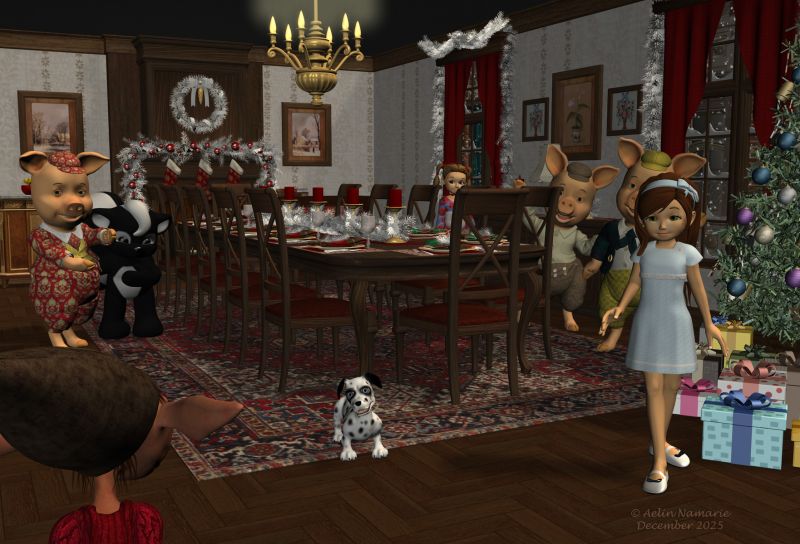 Puntik in troubles (9)
Puntik has changed his clothes, before to follow the voices until their source.

Previous scene: https://www.thefantasiesattic.net/attic/cpg/displayimage.php?pid=46572

********
Puntik Kaalkopje, by Nursoda (RMP)
Puntik warm Winter Set, by Leilana (RR)
The 3 Little Pigs, by 3Duniverse (Daz3d)
Plushies: Chloe, by Lady Littlefox (Daz3d)
Dawg, on Mostdigitalcreations
Toon Girl Sadie, by 3Duniverse (Daz3d)
Christmas Party, by Kaleya (RMP) [was a sponsored price for a FA contest]
Mae, by Capsces Digital Ink (Daz3d)
Modern Girl, by elleque
Christmas tree, by TruForm (RR)
Christmas Dining Room, by RPublishing & GrayCloudDesign (RMP)
3D Scenery: Nordic Winter Woods, by ShaaraMuse3D (RMP)   [snowfall only]
