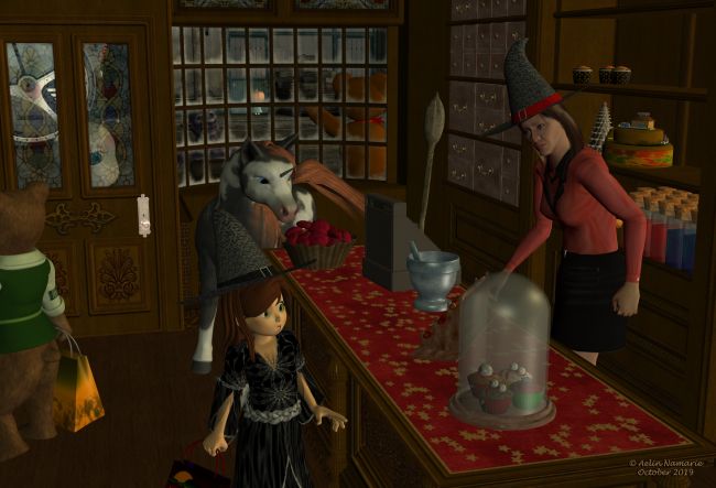 Halloween in Runtime Town (2)
During Halloween, Wanda Itch shares for free one candy by inhabitants. A good way to discover her new candies... like Sadie is seeing it.
"Yes, those cute ones are my more recent creations. I had to put them inside the bell, like they are a little excited by the season."

Previous image: http://www.thefantasiesattic.net/attic/cpg/displayimage.php?pid=38008

I won't do more Halloween renders for Sadie and her friends, at least this year. Happy Halloween guys!

********
Galadriel Dress, by Andolaurina (Sharecg) [textures by Spotted Rock]
Hat and broom, by Aelin [Halloween page 2019 on Fantasy Attic forum]
Toon Girl Sadie, by 3Duniverse (Daz3d)
The 3 Bears, by 3Duniverse (Daz3d)
Diamond Base Character, by Capsces Digital Ink & Lady LittleFox (Daz3d)
textures for Diamond, by Lyne (on her site)
Candy Bag [no longer available, was on RDNA]
Lorenzo and Loretta Bundle, by Predatron (Daz3d)
Cook Halloween, by Aelin (FRM exclusively)
Redhouse Christmas Carol, on Daz3d
The RalphLing, was on 3dzone [no longer available, except by web archive]
Predatron's Goblin, by Predatron (Daz3d)
Bruno Von Bear, by dexterdoodle (Sharecg)
Jack, by elleque (on her site)
Unicycle Bob, by petipet (Daz3d)
Side Street, by SoulessEmpathy (Daz3d)
