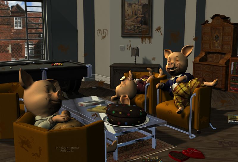 Charivari in town (12)
The door isn't locked, and the trio follows a music coming from further in the flat.
They find the brothers totally relaxed, and the room full of chocolate - litterally!

Previous part of the story: https://www.thefantasiesattic.net/attic/cpg/displayimage.php?pid=43443

*******
The 3 Little Pigs, by 3Duniverse (Daz3d) [with Trumarcar's textures]
Rosemill Moor II, by Jack Tomalin (Daz3d)
Little Corner: Antique Shop, by Aelin (FRM exclusively)
Deco Downtime, by Jack Tomalin (Daz3d)
