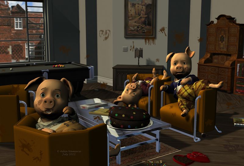 Charivari in town (13)
Suddenly, the pigs notice their unexpected guests and they seem ready to welcome them, when Patrice exclaims:
"What happened to your lovely hair?"

Previous part of the story: https://www.thefantasiesattic.net/attic/cpg/displayimage.php?pid=43499

********
The 3 Little Pigs, by 3Duniverse (Daz3d) [with Trumarcar's textures]
Rosemill Moor II, by Jack Tomalin (Daz3d)
Little Corner: Antique Shop, by Aelin (FRM exclusively)
Deco Downtime, by Jack Tomalin (Daz3d)
