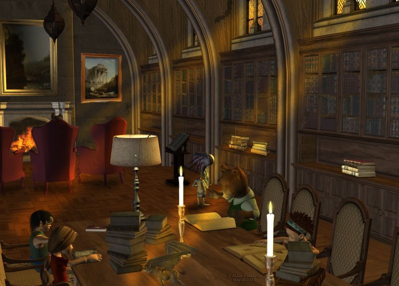 Charivari in town (29)
Wanda Itch has accepted to share several names she remembers with Sadie like the young girl didn't want to abandon that track. But like many in town, Ms Itch seems really to believe the Pigsten brothers are behind all of this.
Sadie gave the names to Teddy, who knew some. For the others, they had to look for in official town documents.

Previous part of the story: https://www.thefantasiesattic.net/attic/cpg/displayimage.php?pid=44024

********
Renithra, by Paloth (RR) [with my own textures for clothes]
Mae, by Capsces Digital Ink (Daz3d)
Skywing, by Steve100 (on RR)
The 3 Bears, by 3Duniverse (Daz3d)
Toon Girl Sadie, by 3Duniverse (Daz3d)
The Library, by Jack Tomalin (Daz3d)
Vibrant orange sunset waterscape, by JustMel 
