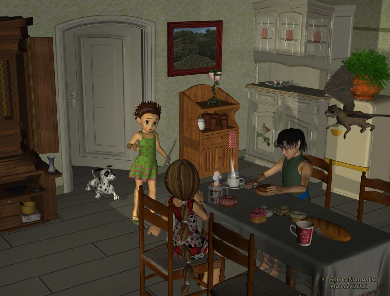 Charivari in town (3)
The others look at her with surprise when they see she finally coming with her "new hair".
She shows to them a letter which was on the armchair from her room.

Previous part of the story: https://www.thefantasiesattic.net/attic/cpg/displayimage.php?pid=42663

********
Dawg, on Mostdigitalcreations
Sadie Anime (Daz3d)
Hair Pack 2 for Sadie (Daz3d)
Renithra, by Paloth (RR) [with my own textures for clothes]
Skywing, by Steve100 (on RR)
Refrigerator, by elleque (Sharecg)
Plant pot, by esha
FairyTale Petal Lamp, by Ravyn [no longer available; was on CP]
Photo Mug, by Redeyecat
Shabby Chic Rose Decor, by Anima Gemini (Daz3d)
French Style Shabby Chic Vol 2" Kitchen", by Anima Gemini (Daz3d)
