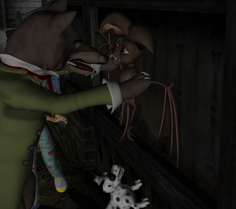 Charivari in town (32)
The threat has no time to reach Sadie, like the guy is caught and pressed against the wall by Wolf!
"Bat Racian!" said Wolf, showing his teeth.

Previous part of the story: https://www.thefantasiesattic.net/attic/cpg/displayimage.php?pid=44111

********
Big Bad Wolf, by 3Duniverse (Daz3d)
Dawg, on Mostdigitalcreations
The Mod Squad -- A Toonimal Bundle, by Sarsa (Daz3d)
Toon Girl Sadie, by 3Duniverse (Daz3d)
Little Alley, by Summoner (FRM)
