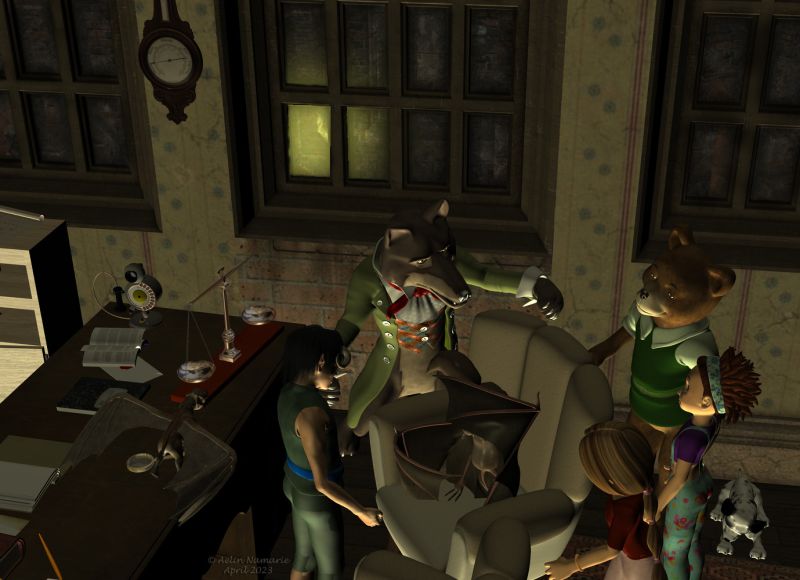 Charivari in town (33)
Wolf leaves no choice to Racian but follow them - by not stopping his grasp on wings of his opponent until their destination.
Then Wolf explains to Sadie and her team that like he said he didn't want to continue the investigation, but he decided to check on them for their safety in case. And he saw that Sadie was extremely interested by the choco tracks, ending intrigued too.

Previous part of the story: https://www.thefantasiesattic.net/attic/cpg/displayimage.php?pid=44171

********
Skywing, by Steve100 (on RR)
Renithra, by Paloth (RR) [with my own textures for clothes]
Big Bad Wolf, by 3Duniverse (Daz3d)
The Mod Squad -- A Toonimal Bundle, by Sarsa (Daz3d)
Mae, by Capsces Digital Ink (Daz3d)
Toon Girl Sadie, by 3Duniverse (Daz3d)
The 3 Bears, by 3Duniverse (Daz3d)
Dawg, on Mostdigitalcreations
