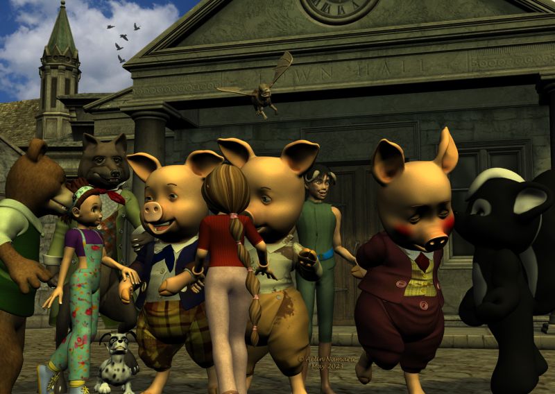 Charivari in town (end)
Everyone presents excuses to the brothers for what happened. And the Pigsten decide and claim they had enough with holidays and chocolate for a long time!

Previous part of the story: https://www.thefantasiesattic.net/attic/cpg/displayimage.php?pid=44438

Thank you for your great patience on that chapter. I started it more than 2 years ago. But real life - and sometimes lazyness - knocked.
In addition, I hoped to make my own figure for the bad guy, but even with a base I still have trouble to pass that step lollll

********
The 3 Bears, by 3Duniverse (Daz3d)
Toon Girl Sadie, by 3Duniverse (Daz3d)
Dawg, on Mostdigitalcreations
Big Bad Wolf, by 3Duniverse (Daz3d)
The 3 Little Pigs, by 3Duniverse (Daz3d) [with Trumarcar's textures]
Skywing, by Steve100 (on RR)
Mae, by Capsces Digital Ink (Daz3d)
Renithra, by Paloth (RR) [with my own textures for clothes]
Plushies: Chloe, by Lady Littlefox (Daz3d)
Dubious Pub, by Jack Tomalin (Daz3d)
