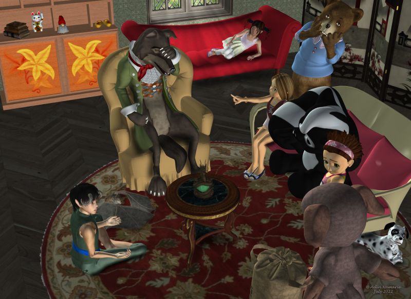 Charivari in town (9)
Lulu is here to give something to Sadie, but when he sees Wolf, he becomes afraid.
"What did you do to him?" asked Mae.
"Oh boy! Here we go again!" said Wolf with a sigh. Like most of people in the room is looking at him, he adds: "I did nothing to him. But my uncle... He ate one of Lulu's great cousins near a river a long time ago. It's even part of the litterature*. And he made a lot of bad things like that. Some in town have such reaction with me, while I'm not like my uncle."

* Reference to "Le Loup et l'Agneau" by Jean de la Fontaine.

Previous part of the story: https://www.thefantasiesattic.net/attic/cpg/displayimage.php?pid=43082

Plushies: Lulubelle, by Lady LittleFox (Daz3d)
Dawg, on Mostdigitalcreations
Mae, by Capsces Digital Ink (Daz3d)
Big Bad Wolf, by 3Duniverse (Daz3d) [textures by trumarcar]
The 3 Bears, by 3Duniverse (Daz3d) [textures by trumarcar]
Natal Props, by MarciaGomes (AFZ)
Little Corner: Antique Shop Addons, by Aelin (FRM exclusively)
Rosemill Moor, by Jack Tomalin (Daz3d)
