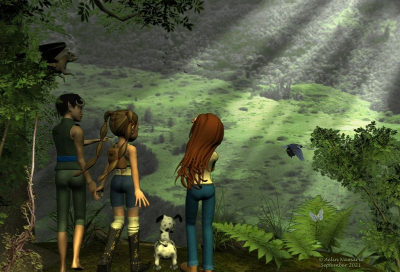 The Travel (26)
Sadie and Mae appreciate their own holidays, while the sprites, the pixies and the nymphs love to keep an eye on Reddie. They go to explore on their feet the land around that part of forest, and Renithra is their main guide.
Renithra explained already to the cousins that his group only wants to keep safe their environment, that them and the pigs aren't in danger. But several people in the forest community came, like Runtime Town inhabitants, from different worlds. Some highly endangered because of technology.

Previous part of the story: http://www.thefantasiesattic.net/attic/cpg/displayimage.php?pid=41772

*******
Renithra, by Paloth (RR) [with my own textures for clothes]
Skywing, by Steve100 (RR)
Mae, by Capsces Digital Ink (Daz3d)
Dawg, on Mostdigitalcreations
Toon Girl Sadie, by 3Duniverse (Daz3d)
Molar Island, by Hivewire3D (RMP)
Bird Brushes, by zollster (FRM exclusively)
Totem Animals, by Kathryn DesRoches (FRM exclusively)
Madhouse Magic, by doarte  (Sponsor Showcase page) [butterfly]
