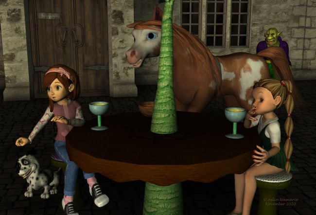 The ???? (3)
Suddenly, a strange noise is hearing on the square, and Sadie turns to.

Previous part of the story: http://www.thefantasiesattic.net/attic/cpg/displayimage.php?pid=40544

********
Toon Girl Sadie, by 3Duniverse (Daz3d)
Dawg, on Mostdigitalcreations
Mae, by Capsces Digital Ink (Daz3d)
Diamond Base Character, by Capsces Digital Ink & Lady Littlefox (Daz3d)
textures for Diamond, by Lyne (on her site)
Sadie Talk Around, by Aelin (FRM exclusively) [back sooner I hope]
Toon Holiday Table, by Aelin (FRM exclusively) [back sooner I hope]
Dubious Pub, by Jack Tomalin (Daz3d)
