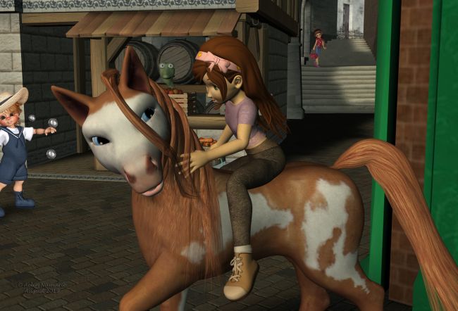 Coming in Runtime Town (6)
"Sure, I have always dreamed of riding! Where are we going?"
"Discover a surprise for you."

Previous part of the story: http://www.thefantasiesattic.net/attic/cpg/displayimage.php?pid=37181

*******
Sneakers for Sadie, by Trumarcar (on KCTC site)
Sadie's Shorts, by kaleya (AFZ)
Sadie Fae-Fantasy, on Daz3d
Diamond Base Character, by Capsces Digital Ink & Lady Littlefox (Daz3d)
textures for Diamond, by Lyne (on her site)
Folbat, by Nursoda (RR)
Watch shop, by kenmo (RR)
Shops for Medieval shop, by Aelin (FRM exclusively)
2 tubes by Leilana
