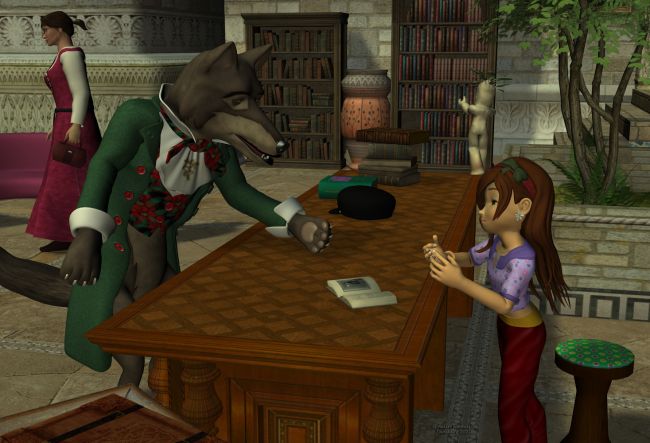 Runtime Town: The Meeting (3)
"I'm in search of 3 of our community members. But until now, I failed to succeed."
"I don't know how..."
"I know them, they know me. You are the newest in town, and never met them. My idea is you don't know them, nor their habits, nor the way they are thinking. I tried everything but this time, they have well cover their tracks. If I had lovely hair like you, it would be gone since a long time because of them. I need help."

Previous part of the story: http://www.thefantasiesattic.net/attic/cpg/displayimage.php?pid=38549

*******
Poodles and Soxs, on Daz3d
Sadie Fae-Fantasy, on Daz3d
Sneakers for Sadie, by Trumarcar (on KCTC site)
Modern Girl, by elleque (on her site) [cap]
Big Bad Wolf, by 3Duniverse (Daz3d)
Plant Pixie, by MallenLane (Daz3d)
Loretta Lorez, by Predatron (Daz3)
Medieval dress for Loretta, by illkirch (Sharecg)
House of Owls, by Summoner (FRM) [books and shelves]
Mage Tower, by LaurieS (Daz3d) [books from one addon]
Ancient tomes, by Merlin Studios (Daz3d)
Secret Tale Book, by Aelin (Attic Free Zone)
A Few Books, by 3dcheapskate (Sharecg)
Bookrows for the FW2009 bookcase, by seachnasaigh (Sharecg)
20 Page Posable Book, by Jim Farris (Sharecg)
Redhouse Christmas Carol, on Daz3d
Night at the tavern for Fantasy Tavern, by Aelin (FRM exclusively)
