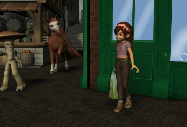 Coming in Runtime Town (4)
Sadie is back on the place with new clothes, and with several more outfits in her shop bag. She has chosen a little more, but to make it easier the 'vendor' said to her to be back to take them once she'll have an adress in town.

Previous part of the story: http://www.thefantasiesattic.net/attic/cpg/displayimage.php?pid=37021

*******
Sneakers for Sadie, by Trumarcar (on KCTC site)
Sadie's Shorts, by kaleya (AFZ)
Sadie Fae-Fantasy, on Daz3d
Diamond Base Character, by Capsces Digital Ink & Lady Littlefox (Daz3d)
textures for Diamond, by Lyne (on her site)
Plant Pixie, by MallenLane (Daz3d)
Folbat, by Nursoda (RR)
Watch shop, by kenmo (RR) [I made changes on front wall]
Shops for Medieval shop, by Aelin (FRM exclusively)
