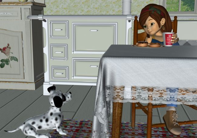 Runtime Town: The Search (8)
Also, Teddy was right for the dog. Despite the posters, nobody searched for him. Sadie decided to keep him with her, and named him after a dog from a comic: Idefix. *

July will be a full month starting Monday; I have no idea when I'll prepare and post the next scene.

*Idéfix (from "idée fixe") is the tiny black and white dog in the comic "Astérix". In English, he is named Dogmatix.

Previous part of the story: http://www.thefantasiesattic.net/attic/cpg/displayimage.php?pid=39540

********
My Heroine Sadie, on Daz3d
Poodles and Soxs, on Daz3d
Dawg, on Mostdigitalcreations
M.O.I. Mug, by Skip1871 (Sharecg)
Coffee Shop, by ArtCollab (Daz3d)
Crocus, by Esha (Daz3d)
French Style Shabby Chic Vol 2" Kitchen", by Anima Gemini (Daz3d)
The Hill Backgrounds, by Aelin (FRM exclusively)
