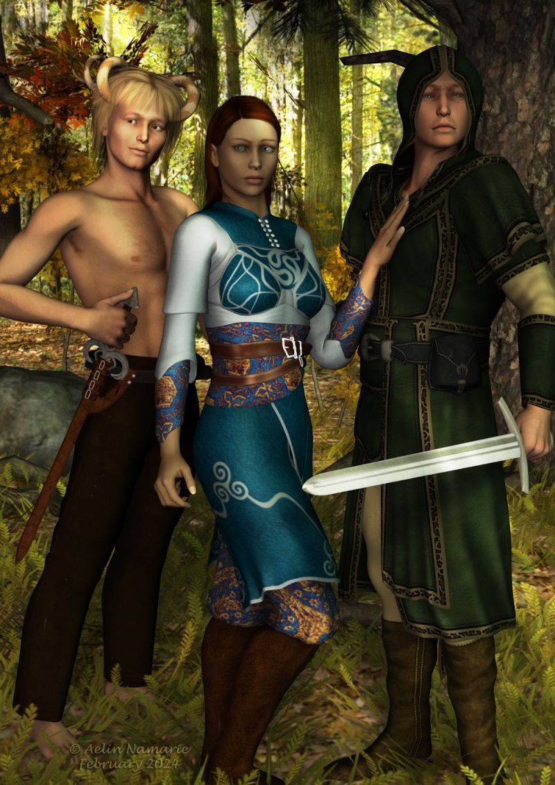 Sirluin~TOTW Winner Wk of 2/3/24~
This is just a trio of the first story I started with 3D world in 2012. All I wanted was to do a series of 3 or 5 images for Samhain. It was finally 50 images for a simple chapter of their adventures!
Since, I ended to write for myself their story. Maybe one day I'll share everything.
At that time, I had no possibility at all of morphs for V4 nor M4. Until I found the freebie "182 morphs for V4". I tried that on M4, it was working, so I played with them for Manhîth, the blond guy. I did the same for several other characters.
But it was also the time where DS4 became free. It had issues (impossible to use Poser format objects and figures in my version; they ended all in grey squares each time I closed then relaunched the program) but I used Genesis for Aramon. For my renders, I was forced to do them in DS3, so it was trials and errors but when Aramon had to intervene, he was a simple imported object in the scene with the others.
For this image, both guys are now M4 with morphs ++, not a simple piece of V4 injections. Manhîth can't now have options he had with the other injections, but he is pretty similar to who he was. Between Genesis and M4, it was easier to play with morphs; I just removed his elfic ears here to have a best way with the hood.
Concerning V4/Sirluin, at the time, I liked simply the basic one, so didn't change her. Since, I made some little settings for she was different.
That render was in my computer to do since a long time (around a year) but I hadn't ended all the Manhîth revision due to RL.

********
Valiant for Michael 4, by Ravenhair (Daz3d) (pants and sword)
Caramel Hair, by Mint3D [no longer available]
Elf Maiden Outfit for V4, on Xurge3D  (I made textures but the "flowers", for that one, it was a texture I found)
Warlock for M4, on Xurge3D
Sword, by Porsimo
Keywords: TOTW Winner 2/3/24