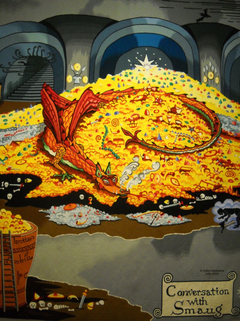 Conversation with Smaug
Or probably the most dangerous time in Bilbo's adventures. You can see him, the "thief in the shadow" on this tapestry. I wasn't able to take the full tapestry in photo because the Numenorean carpet was behind me, with all the system to protect it.
You can see how the tresor of the Dwarves wasn't so big finally lollllll
