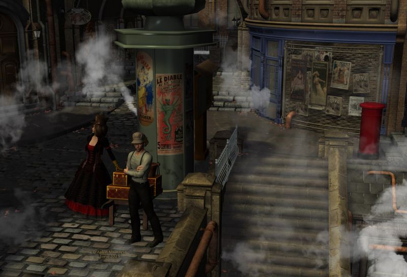 The Waiting
(That was my entry in Renderosity contest)

Heliah has just arrived in town to investigate on the latest events. Surely, the place was less brilliant it had been few years ago and the smoke coming from the chimneys of the manufactories was a trigger on the current state of the buildings and streets. The corruption of the officials did the rest.
She hired a man to take care of her luggages and also to be her guide during her sojourn, like he had been recommended by her contact. But now she had landed, her contact still wasn't here to welcome her as planned. In fact, the district was too quiet, while the fog was thickening.
Heliah suspects she will be forced to act alone, not knowing if she really can trust her companion for what will follow...

********
Time Keeper for V4, by Kaleya (RMP) [was sponsoring on FA, or free for a Christmas, I don't remember]
Amazing poseable Braid for V4, by Propschick & RPublishing (RMP) [was a choice after a contest, years ago]
Mabel through Ages for V4, by Aelin (FRM exclusively)
Victorian Luggage Barrow, by DryJack (RR)
World Cruise, by IsauraS (Daz3d)
Airship Docks, by Aelin (FRM exclusively) [advertising column and informative pannel]
Mailboxes, by Aelin (FRM exclusively)
Meeting Point, by RPublishing & DM (RMP)   [posters only]
Gears, by Bronze Dragon
The Streets of Steampunk, by Stonemason (Daz3d) with textures from Another Street, by Aelin (FRM exclusively)
Ron's Atmospheric Bundle, by deviney (Daz3d)
