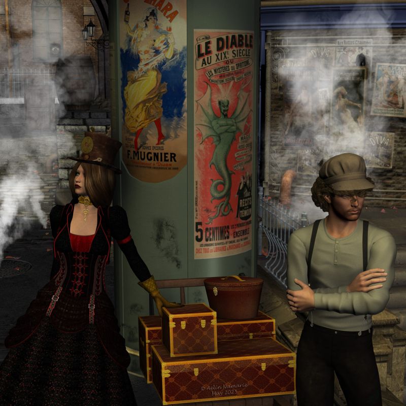 The waiting (closeup)
This is a closeup and a different angle of my first entry for the Steampunk contest on Renderosity. Still have to work for our contest too.

Heliah has just arrived in town to investigate on the latest events. Surely, the place was less brilliant it had been few years ago and the smoke coming from the chimneys of the manufactories was a trigger on the current state of the buildings and streets. The corruption of the officials did the rest.
She hired a man to take care of her luggages and also to be her guide during her sojourn, like he had been recommended by her contact. But now she had landed, her contact still wasn't here to welcome her as planned. In fact, the district was too quiet, while the fog was thickening.
Heliah suspects she will be forced to act alone, not knowing if she really can trust her companion for what will follow...

********
Time Keeper for V4, by Kaleya (RMP) [was sponsoring on FA, or free for a Christmas, I don't remember]
Amazing poseable Braid for V4, by Propschick & RPublishing (RMP)
Mabel through Ages for V4, by Aelin (FRM exclusively)
Victorian Luggage Barrow, by DryJack (RR)
World Cruise, by IsauraS (Daz3d)
Airship Docks, by Aelin (FRM exclusively) [advertising column]
Meeting Point, by RPublishing & DM (RMP)   [posters only]
Gears, by Bronze Dragon
The Streets of Steampunk, by Stonemason (Daz3d) with textures from Another Street, by Aelin (FRM exclusively)
Ron's Atmospheric Bundle, by deviney (Daz3d)
