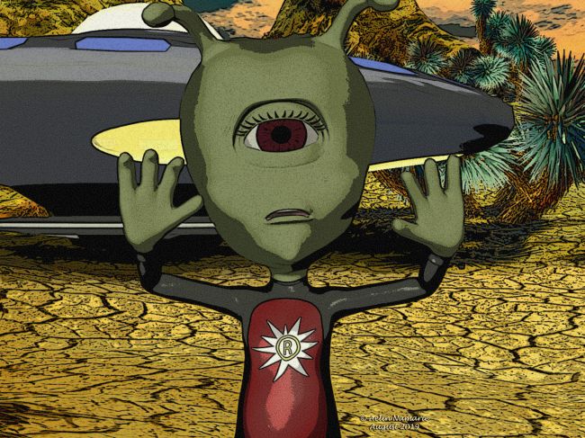 Stop!
"No human is allowed to our beloved planet! We don't desire polluters!"

I made that image after hearing the stupid idea from the Tesla's director, which now wants to send a nuclear bomb on Mars.

*******
The RalphLing, was on 3dzone [no longer available, except by web archive]
Arid landscapes, by M-Callahan [I mixed 2 backgrounds]
