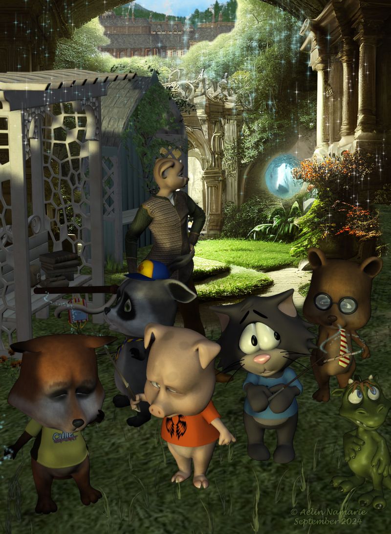 A teamed spell
In the ambiant silence, the students hear their teacher sighing of fatigue.
The lesson of today was to cast a spell to move a statue, by combining powers like a team, in the garden of the school. Once more, Piglet Wilbur made a tiny misspell, troubling this time two of his friends who made consequently other mistakes. It ended by their powers sending them... where? They don't know, except they took the full school with them - but not the statue.

Previous scene: https://www.thefantasiesattic.net/attic/cpg/displayimage.php?pid=45449

********
Melody and Micah Bundle, by RedSpark & Lady Littlefox (Daz3d)
Pocket Pets bundle, by 3Duniverse (Daz3d)
Pocket Pets Kitty, by 3Duniverse [was on their site]
Conforming Shirt for 3DU's Toon Kitty, by Little_Dragon (RR) [textures by Eblank]
Wands of wonder, by Valandar (Daz3d)
Monsters In My Cupboard, by 3DUniverse (Daz3d)
Garden Seat, by Blue Tree Studio (RMP)
Arbor Bench, by Luxxeon (RR)
House of Owls, by Summoner (freedom-of-art)
Pansy, by Lisa Botanicals (RMP)
Magical Portals Backs, by Kathryn DesRoches (FRM exclusively)
The Streets of Steampunk, by Stonemason (Daz3d)
Sentinels of Time brushes, by Midnightstouch
