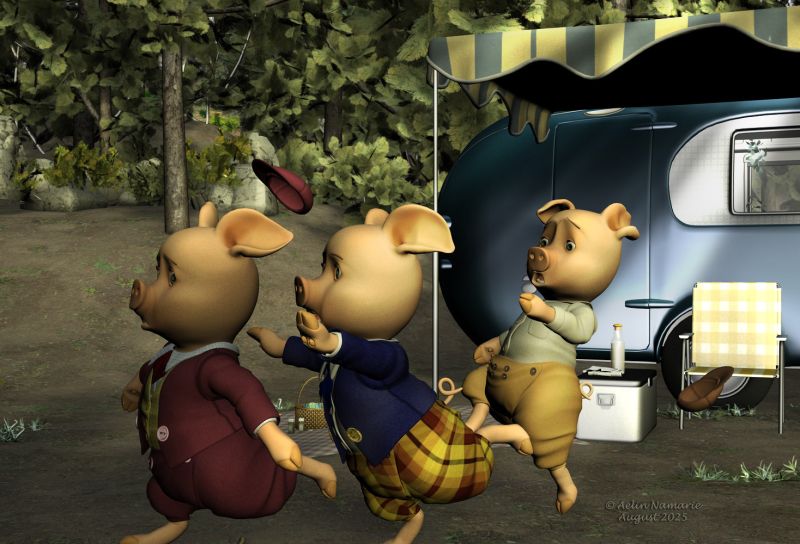 Unexpected picnic
It wasn't a good idea for the 3 brothers to take one of their newest inventions for a picnic in the middle of nowhere!
They have no intention to become THE picnic.

********
This image was made for Daz challenge picnic on Renderosity.

The 3 Little Pigs, by 3Duniverse (Daz3d) [with Trumarcar's textures]
Retro Camper, by TruForm (RMP)
Forest Campsite, by TruForm (RMP)
