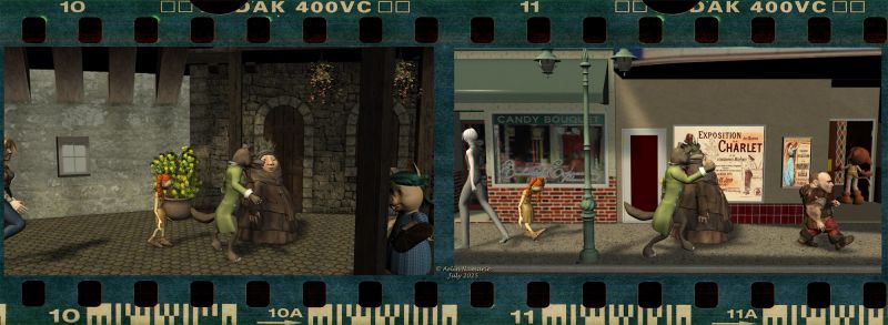 Flash and... (11)
Wolf talks to the friends about things in town, while taking the friends from the medieval district to another. Utla notices the town is large and very various in its style.
Zlata follows, depressed.

Previous part of the story: https://www.thefantasiesattic.net/attic/cpg/displayimage.php?pid=46186

********
Zlata, by Nursoda (RMP)
Utla, by Nursoda (RMP)
Big Bad Wolf, by 3Duniverse (Daz3d)
The 3 Little Pigs, by 3Duniverse (Daz3d) [with Trumarcar's textures]
Phoebe, by Netherworks
Tudor House (Poser & OBJ), by RPublishing & DM (RMP)
Alsace, by Faveral (Daz3d) [flowers in pots only; not those in the basket bike]
Maybe, by Akatora
Dwarves, by Sixus1 (RR)
Bubba Chibi CatGirl, by Ken1171 [was on CP]
35mm Photoshop template, by dbwalton (RR)
