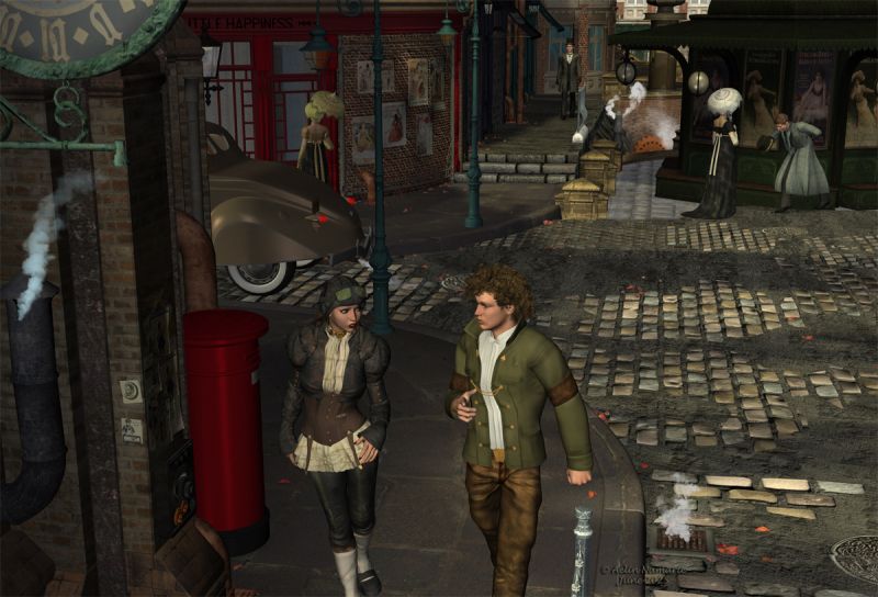 Walk and talk
This was my second entry for Steampunk contest on Renderosity

Some times after, Heliah was under cover to try finding more about the strange events in town. Surely, she didn't like too much her outfit, but no one could ever imagine to see her with such clothes in any circomstances.

Previous part: https://www.thefantasiesattic.net/attic/cpg/displayimage.php?pid=46137

Mabel through Ages for V4, by Aelin (FRM exclusively)
Glamour Hair, by Lisbeth N (Daz3d)
B25 Steam Punk Aviator V4, by Barbara Brundon & Sarsa (Daz3d)
Ace of Spades Jack, by Val3dart (Daz3d)
Victorian Style Elements, by Anima Gemini [sponsoring for FA contests]
Sensibility for Victoria 4, by Ravenhair (Daz3d)
Regency for M4 Expansion, by Ravenhair (Daz3d)
1936 car, by DocMikeB
Airship Docks, by Aelin (FRM exclusively) [advertising column and informative pannel]
Mailboxes, by Aelin (FRM exclusively)
Meeting Point, by RPublishing & DM (RMP)
Gears, by Bronze Dragon
The Streets of Steampunk, by Stonemason (Daz3d) with textures from Another Street, by Aelin (FRM exclusively)
Ron's Atmospheric Bundle, by deviney (Daz3d)
