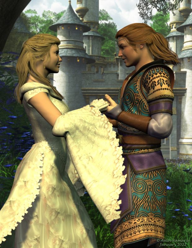 Wedding day
FOr those who don't know, Amhenia and Regnar were the topic of a short story I made on FA, years ago. It was the excuse to use some prizes I won more or less recently at that time.
Amhenia was then only a princess, heir of her kingdom. Regnar was her teacher on the magical way.

We saw them the most recently: https://www.thefantasiesattic.net/attic/cpg/displayimage.php?pid=41512

I made that image for the challenge (for fun) of January by Llola Lane on PFDlives.

********
Amhenia's morphs are a personnal mix of DMR Alahna (by Danie & Marforno; on Daz3d) & Kenna for V4 (by ARTCollab; on Daz3d)
Mabel through the ages, by Aelin (FRM exclusively) [skin]
MFD, on Daz3d [with Chohole's textures]
CeruCirclets, by Inception 8 (Daz3d)
Ear wings, by lully
Feather Hair, by goldtassel (Daz3d)
EA Roger, by EmmaAndJordi (on RMP)
Medieval Royalty for M4, on Xurge3D [pants and boots]
Renaissance Tunic for Mike 4, on Xurge3D
Feather Male hair, by goldtassel (Daz3d)
Sweet moments, by Jean_C and Leije (RMP) [pose for V4 and M4]
background by Justmel (don't remember the pack in question)
