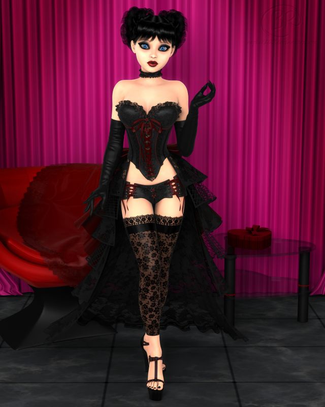 Dark Valentine
Chloe's full shot, as the Dark Valentine. Not my absolute favorite Chloe render, but the best technical render of her in my opinion. Of note here, is her collar and her leggings. Both were modeled in Marvelous Designer, retopoed and mapped in Blender, basic texture work done in GIMP, and fully rigged and packaged in DAZ Studio. If anyone is interested, the collar is up in my RenderHub store, but keep in mind that while it should work on any figure, it was modeled to specifically fit my character Luna.
