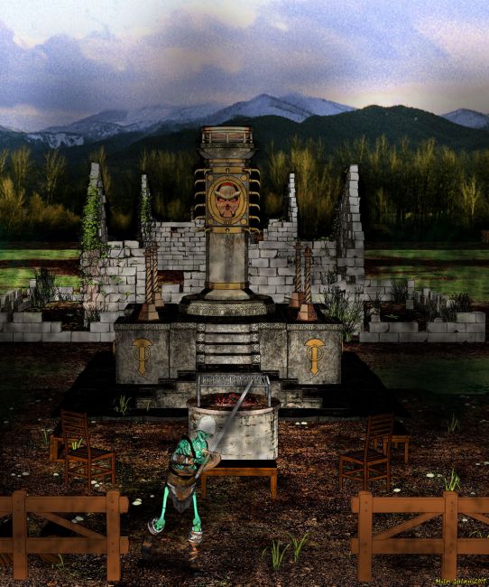 Lonely skeleton 
This is done as my entry for PC+ contest. It looks good but could look a lot better if my computer is not ancient :). I have done totem in iron variant but it seems I have lost it as I had to restart. I did 5 instances of Ruined cottage, it looks really good but it is heavy on memory and I hoped it would work with instances but it still takes lot of memory and ... I will have to think of something :)

Anyway this is M4 skeleton and it works greatly, I am yet to build my undead army :) beside pirates, bandits, orcs ect... Today I also have worked a bit with G4 Creature creator and it is very nice. I think I should try to make something.

We will see what will happen, now I am just feeling tired and trying to rest. It seems I will have to study this summer and I better make a good plan.
