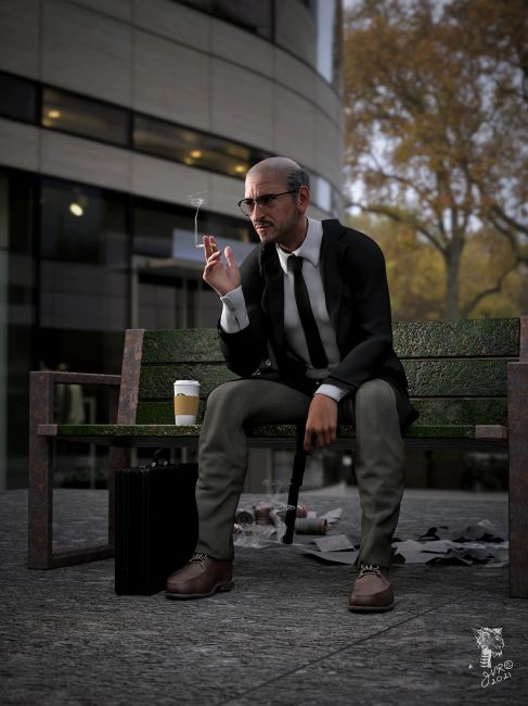 Fred 'the hitman' Howard
Not my usual fare, but I bought a G8M character from a chat buddy, and I thought I'd do a render. Friedrich for G8M.
I use the new Genesis 8.1 Male base added Friedrich HD shape and Floyd 8 shape used the new IRAYPBR shader that came with 8.1, tweaked it a little and voila.

This is Fred, the Hitman, Howard..having a smoke after a job... He started out as a tax accountant...

SAOTW ~ 02/06/21
Keywords: DazStudio4.15 Genesis8.1Male Hitman Accountant Gun Spy Suit Trenchcoat Park Coffee Cigarette SAOTW ~ 02/06/21