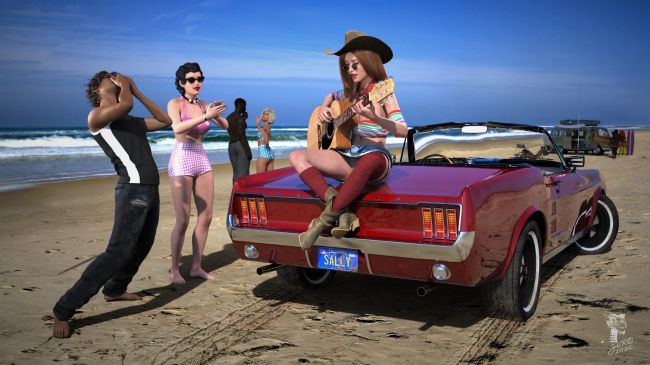 Sally
Mustang Salleyyyy. think ya better slow your mustang down...

w00t, I managed to squeeze 9 figures, two vehicles and a few more props n clothing in and my machine did not explode....

Comments are welcome
Thanks
JV
Keywords: Ford Mustang sun beach surf Sally Blonde Brunette car van bikini retro