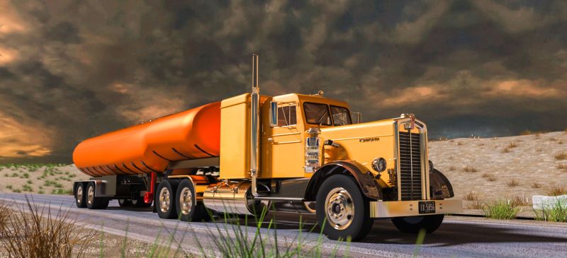 1949 Kenworth 
Kenworth pulling tanker trailer traveling up the road. 
Keywords: Truck Tanker traveling up road 1949 Kenworth 16 wheeler