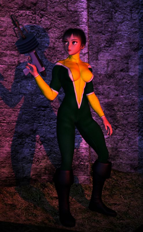 Aiko of the Inter-Galactic Police 
Here we have Officer Aiko tracking down a know criminal called Eight Legged Floyd.  
Keywords: Aiko Officer Inter-Galactic Police