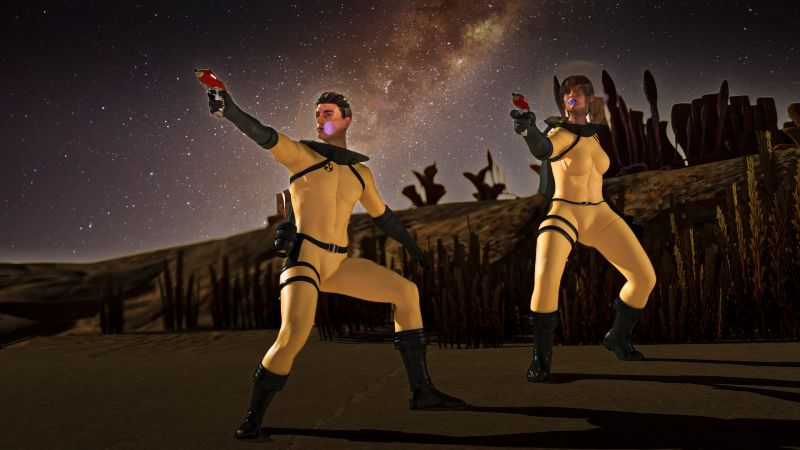 Fighting Off An Ambush 
Classic Science Fiction seen.  Fighting off an ambush, from a strange and unknown world.  
Keywords: Sci-Fi Science Fiction Space Travels Fighting Ambush Strange World Unknown