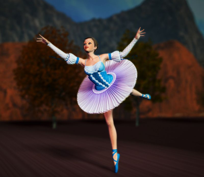 Ballet
Another Aiko 3 morph us Pazu for Aiko 3.  Used Brice render on a plane for backdrop and shaders on the stage floor which is another plane.  Cothing is A3 Ballet and pose is Degas Dansesuer. Trees are billboards.  Use PhotoShop for final lighting effect. 
Keywords: Aiko 3 Ballet Dance Pazu