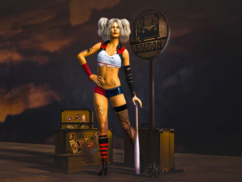 Big, Big, Trouble
~TOTW Wk of 2/15/25~
Our little Miss here wants to go home after being released from Arkham to get the little home that she and Mr. J live at.  But there is one problem the bus keeps driving by the bus stop where she is at and won't stop.  She is getting a little upset and thought to herself, that driver is in Big, Big, Trouble if he drives by one more time.  She reached in a suit case and pulled out a few party favors.  
Keywords: TOTW Gotham City Arkham Bus Stop Big Trouble