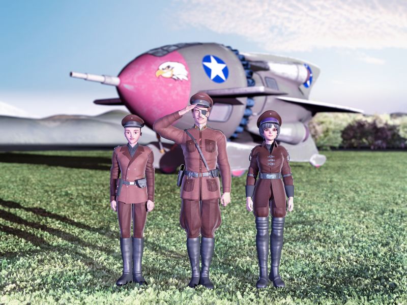 The Crew of the Eagle 
Here in the Great Interstellar War we have the crew of the Eagle who just achieved an ACE standing on April 2, 2075.  Facing from left to right 2Lt Adam Yates (Co-Pilot), Center Captain John Weatherby (Pilot), and 1Lt  Yumi Soki (Navigator, Weapons Officer).
Keywords: Crew Eagle Great Interstellar War ACE