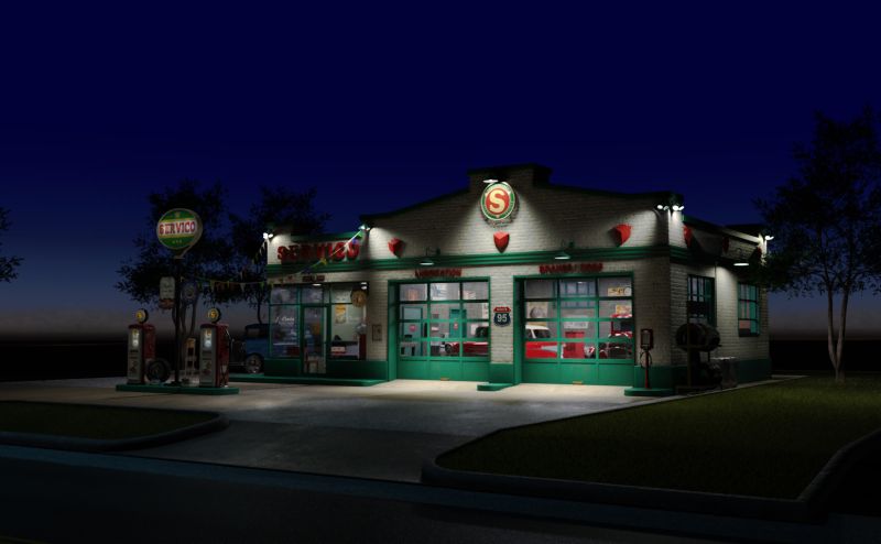 Night Scene
Remembering driving across the desert for Bell Brand Foods, and the gasoline stations that were out in the middle of nowhere along the highway.
Keywords: Gas Gasoline Station highway desert night 