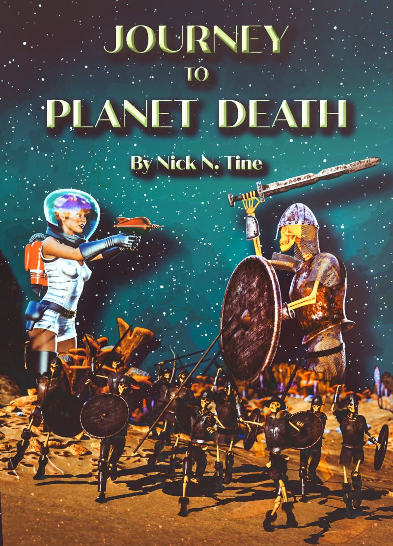 Journey to Planet Death
Wanted to create the look of a Pulp Fiction Book Cover.  
Keywords: Sci Fi Science Fiction Book Cover Style Pulp