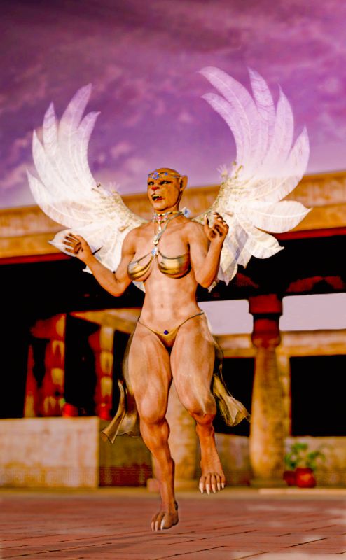 Tefnut 
'Tefnut is a deity of moisture, moist air, dew and rain in Ancient Egyptian religion. She is the sister and consort of the air god Shu and the mother of Geb and Nut. The goddess Tefnut portrayed as a woman with the head of a lioness and a sun disc resting on her head.' Reference: Wikipedia.
This is a reinterpretation of the character, where the sun disc symbol is remove and a more lively pose is added to the character with wings.   
Keywords: Tefnut deity moisture moist air dew rain head lioness woman goddess