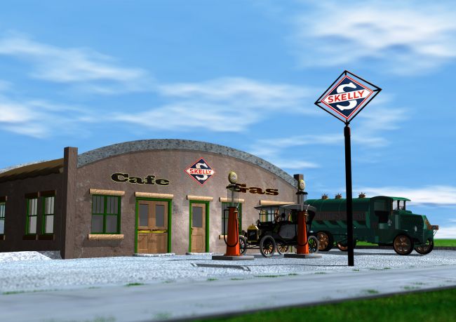 Skelly Gasoline Station.
Skelly Oil Company  1919 to 1977:  revived 2012 (logo)


Using a model from Sharecg and using new shaders to change the looks of the buliding, applying text and the Skelly logo to the model, to create what I thought an early Skelly Service Station would look like in the 1920's and 1930s along a highway like Route 66.  

Skelly Oil Company

"Founded by William Grove (Bill) Skelly along with Chesley Coleman Hemdom and Fredrick A. Pielsticker in Tulsa, Oklahoma.  J. Paul Getty acquired control of the company in the 1930s.  Skelly Oil became part of Getty Oil Company, Mission Oil Company, Tidewater Oil Company. It became defunct when absorbed by Getty Oil Company in 1974 and the abandoned Skelly brand logo was revived by Nimmons-Joliet Corp in 2012."  *1

*1  https://en.wikipedia.org/wiki/Skelly_Oil   Date 1/27/2018 @ 2:55 am

Logo is under limited use.  Basically don't misrepresent logo or tarnish image. *2

*2  https://en.wikipedia.org/wiki/File:SkellyOil.png   1/27/2012  2:59 am.

Keywords: Skelly Gas Gasoline Station Filling Service Garage Diner Restaurant Slop Joint Greasey Spoon