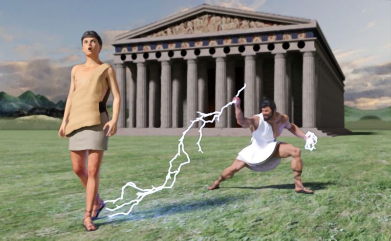 Zeus and the Pompous Boy 
In the year 482 BC Zeus came from Mt Olympus to inspect the newly erected Parthenon.  There Zeus spotted a boy throwing rocks at the frieze where the statues are and wearing sandals.  Zeus confronted the boy and asked him, "Why are you throwing rocks and wearing sandals in a holy place like this.  The boy replied, "I am Oatus son of the senior senator in Athens, I do as I please."  Zeus not wanted to kill the boy and wanted to teach him a lesson, held back the full fury of his lightening bolt in his left hand, and stuck the boy's foot with his bolt in his right. (The first recorded use of the hot foot prank in history.) Zeus said to the boy, "Never be disrespectful to a god and never turn you back on one either."  Fictitious Stoyium 
Keywords: Zeus Parthenon statues lightening bolt pompous boy hot foot prank