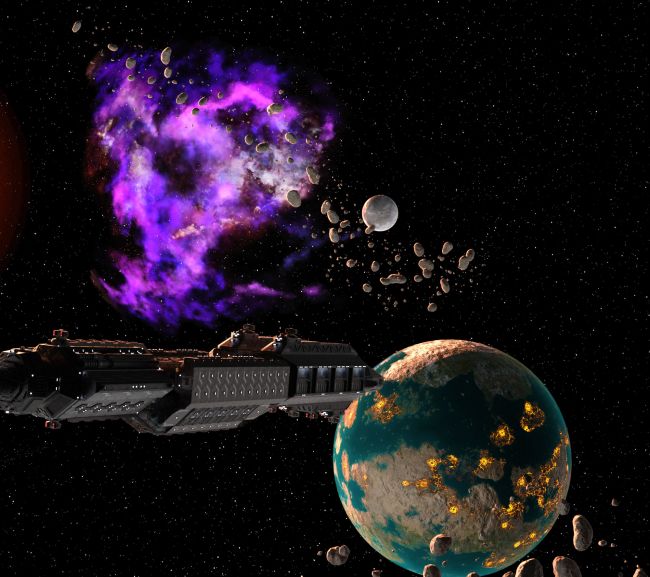 Not in Kansas Anymore
My quirky humor in naming this. Image is a little grainy, still working on figuring out lighting for Aeridian Heavenly bodies. 

The ship is the Spaceship Antares

Extra lighting I used the ghost light kits for. 

This was originally done for backdrops on a tabletop RPG game that my father created, but we decided to go a different route. Figured I'd share it with you - as it has been a while since I posted an image to the gallery. 
Keywords: Sci-Fi Space planets spaceship