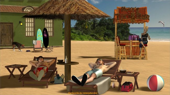 Spafla-Relaxing
Spafla = Spacko Flashbacks.

One of the rare shots of Joey Proudneck and Andreas McCoy,this one has been taken after the black-op mission,where they took out the terrorist Modder al Fark in the Azzbekistan Colony.
After the mission some days off ,and relaxing in the Tiki beach resort.

Name : Proudneck 
Surname :Joey
Nickname : Slick
DoB : Spackotime 2011
Profession (s) all kinds of business wich promises money big time,recently a change has been seen in his ways,he discovered his so called “social adder”to revitalize Spackoine and is also involved in Spackopolis businesses.
Sexual orientation : a bit of a pervy but within limits (lol) he adores pussy smell hehehehe.
Known sexual preferences : Cunnilingus and Fellatio.
Religion : Freethinker
Education : went after his master degree and the tragic death of his parents, to join the Spackovian Airforce,good for him as he was a very aggressive young man.The Force was able to guide this energy and to make use of his brilliant brain.
Is believed to be involved in benevolent tasks,although little is known about this by now.
He is also known to be one of the best pilots the Academy ever produced,and is on top with all new technologies – he is also addicted to mobile communication devices..
……………

Name : McCoy
Surname : Andreas
DoB : Spackotime 2011
Origin : The Leije-Territories on Spackovia.
Education : Spacko University History and Biology master-degree
Sexual orientation : a little bisexual,and pervy (lol)
Known vices : too much to fit in the storyline now.
Special talents : sharpshooter,pc-geek and expert in explosives,due to his service with Spacko Armed Forces SpAF.

PD-Joey,
Andreas freebie by Leije merci.
Keywords: spafla,