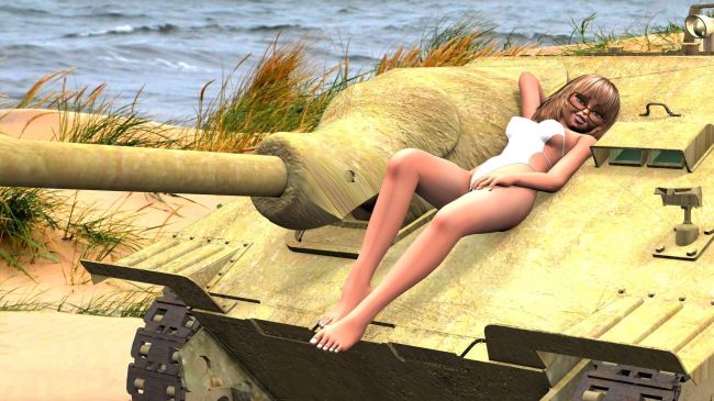 Like what you see
'Nother of my hybrid girls.  This time a mashup of Haru and Chibibel.  Vehicle is a free Hetzer with beach background.  Hey, sometimes a Panzer Girl just whats to get a nice tan.
